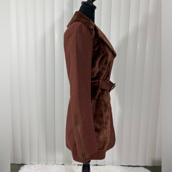 BLANC NOIR Sample Faux Fur Blocked Wool Car Coat Jacket Belted Midi Brown Small - Picture 8 of 12